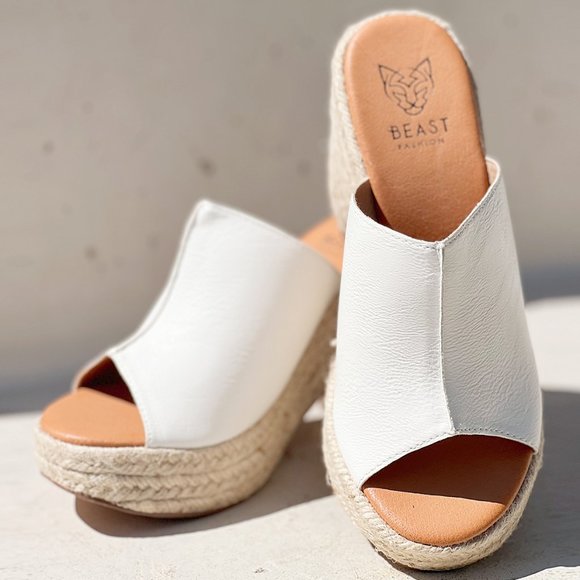 NEW White Faux Leather Espadrille Chunky Platform Wedge Slip On Slides Sandals - Picture 8 of 15